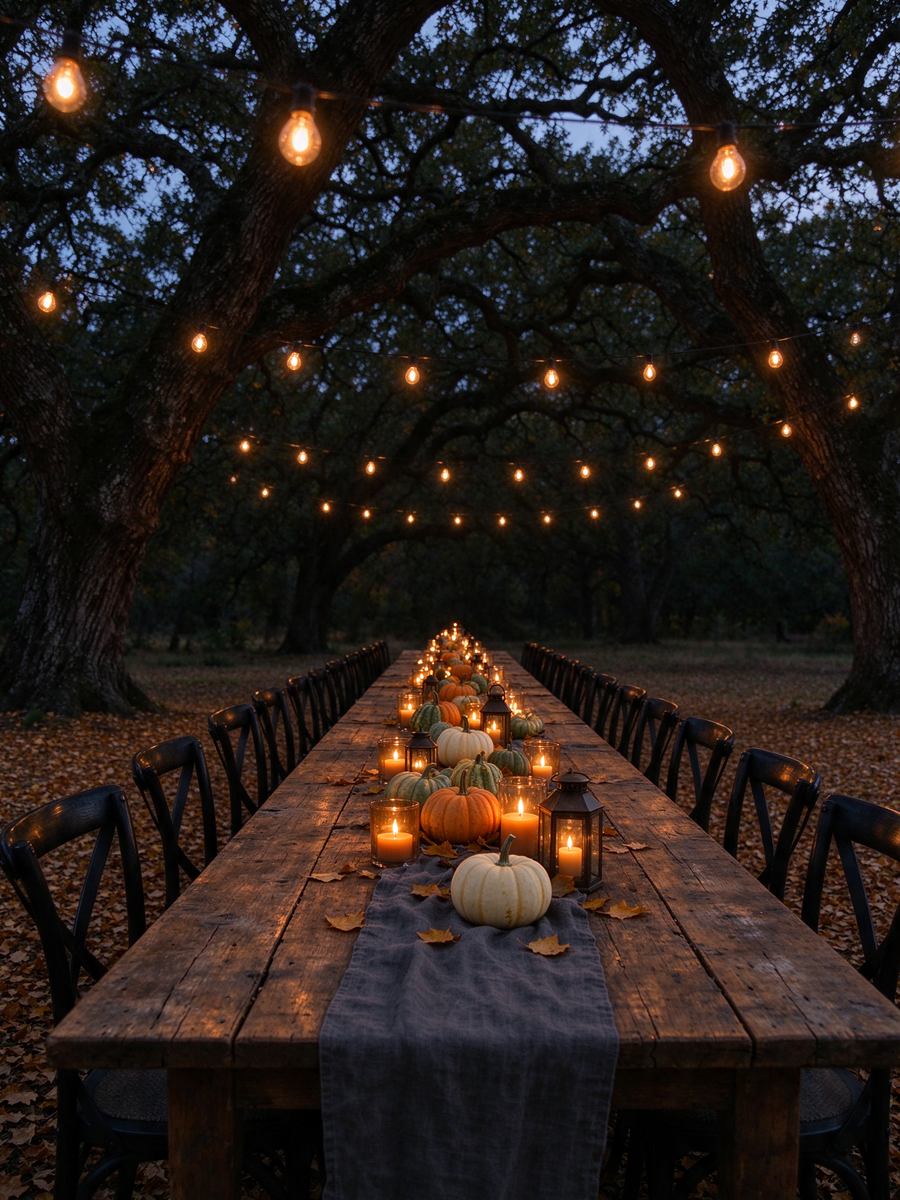 A long farm table under oak trees with pumpkins and candlelight at dusk