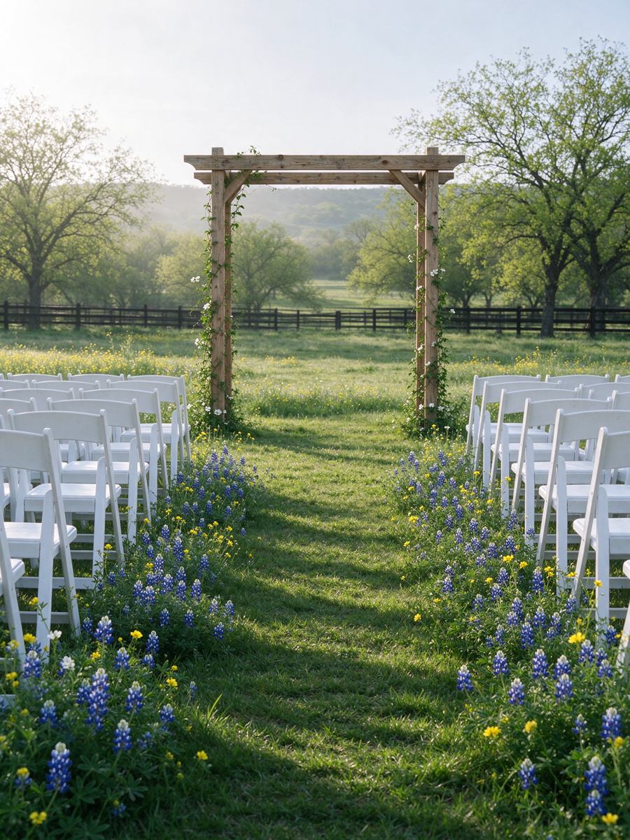 Rows of white chairs facing a wooden arch, bluebonnets lining the aisle