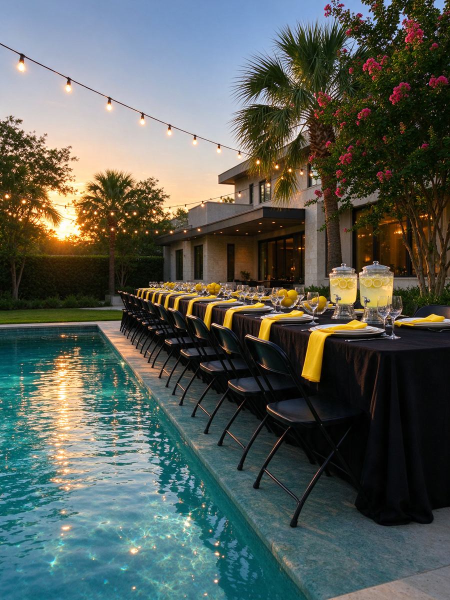 A long poolside table with black linens and yellow napkins at sunset