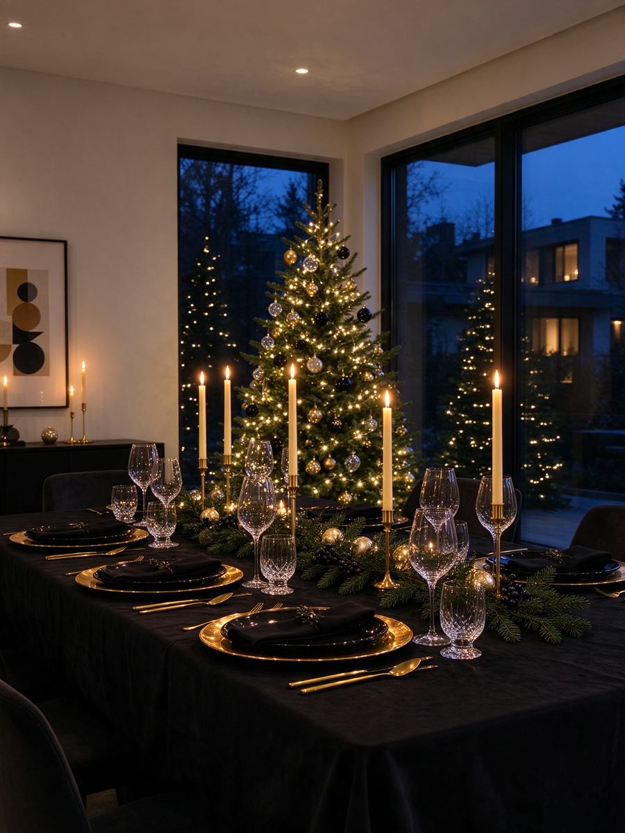 A holiday dinner table with gold chargers and candles beside a lit tree